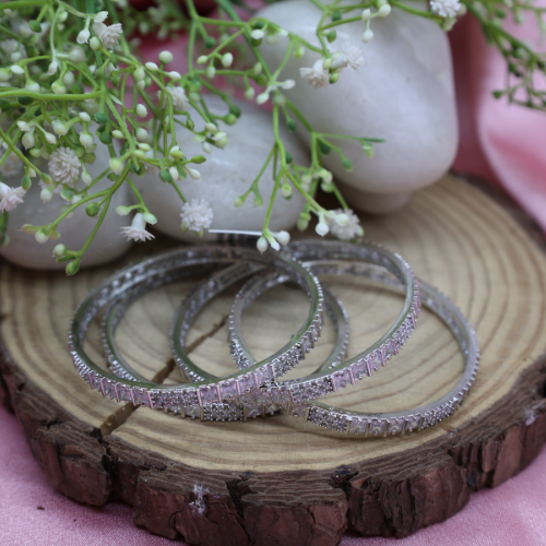 Square-Cut AD Bangles – Elegant Silver Shine
