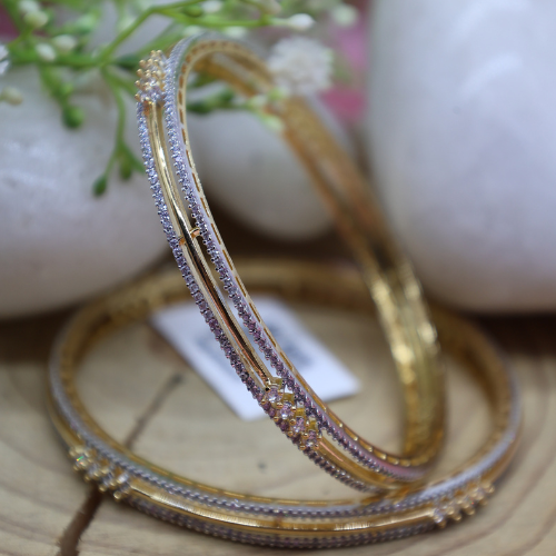 Gold-Finish Linear Cut AD Bangles with Dual Stone Lining