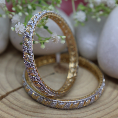 Dual-Tone Geometric AD Bangles with Gold Silver Finish