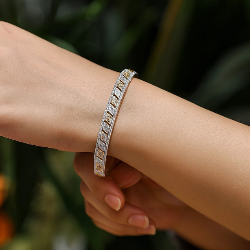 Dual-Tone Geometric AD Bangles with Gold Silver Finish