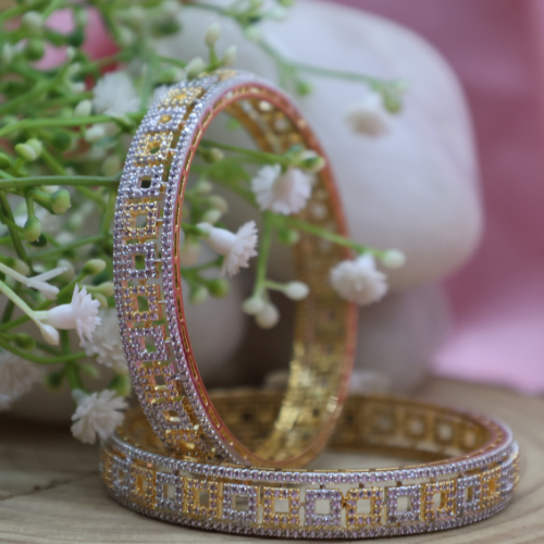 Dual-Tone Square Cut Bangles – Gold & Silver AD Elegance