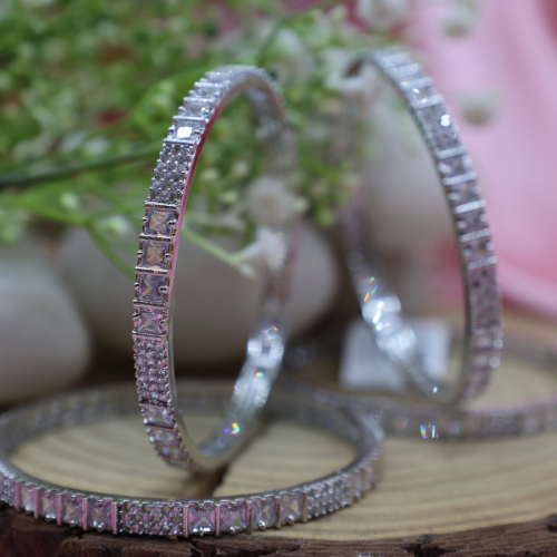 Square-Cut AD Bangles – Elegant Silver Shine