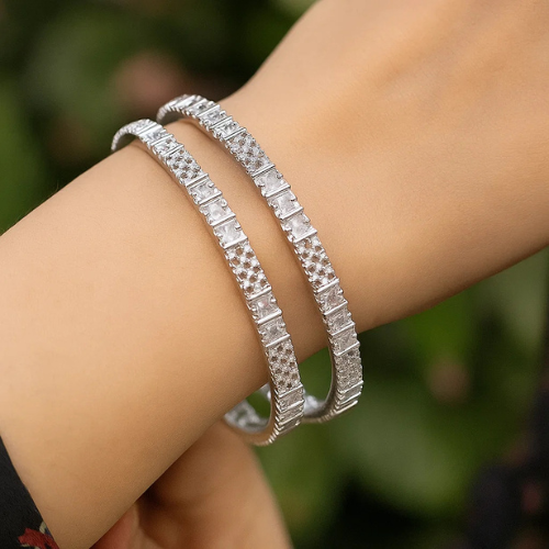 Square-Cut AD Bangles – Elegant Silver Shine