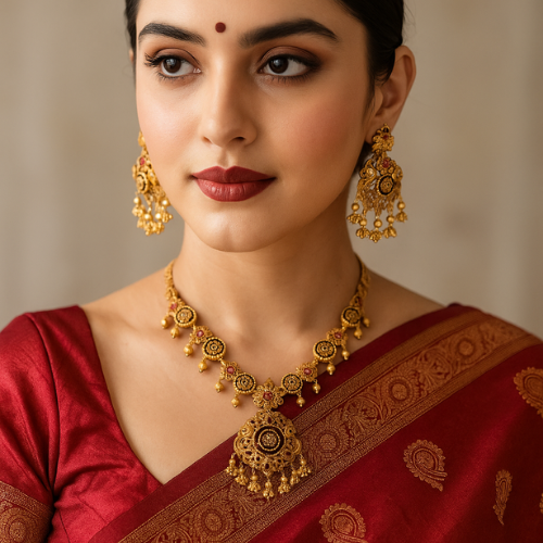 Antique Gold-Plated Pink Floral Temple Necklace Set with Oversized Pendant