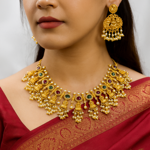 Bridal Temple Jewellery Necklace Set with Pearl & Kundan Detailing