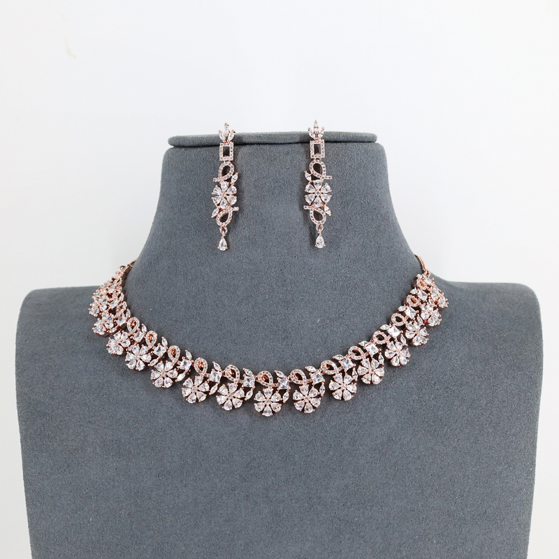Floral Rose Gold-Plated Necklace Set - traditional necklace, handcrafted jewelry, bridal necklace