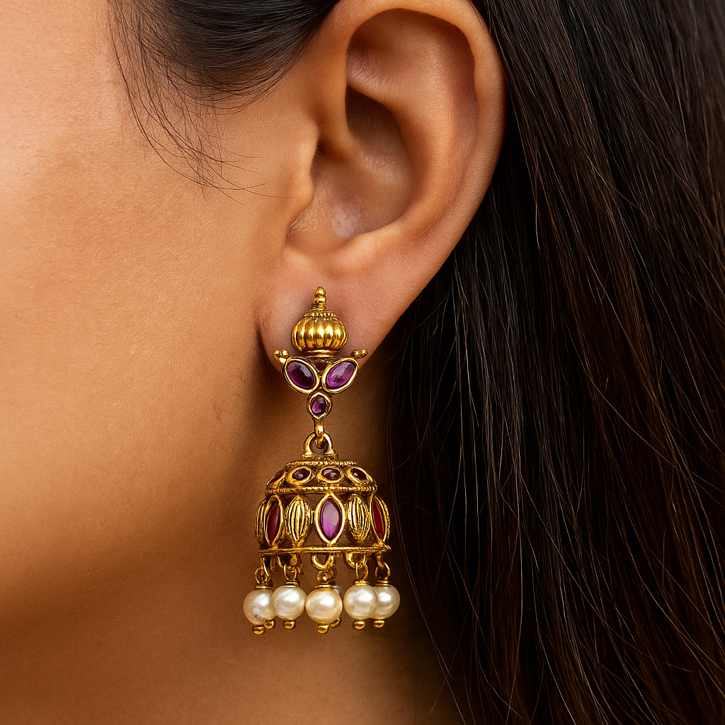 Ruby Bloom Pearl Jhumkas