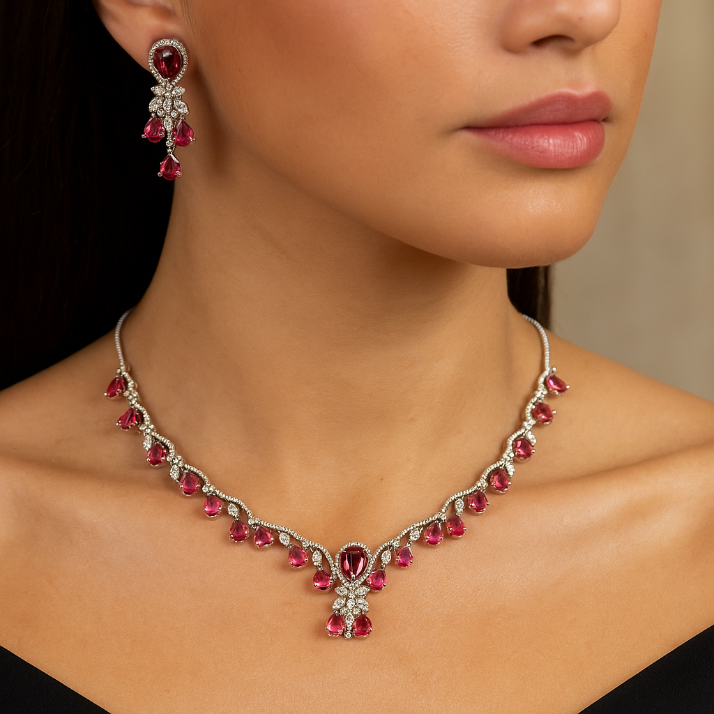 Pink Teardrop Stone AD Necklace | Silver-Plated Party Wear Jewellery