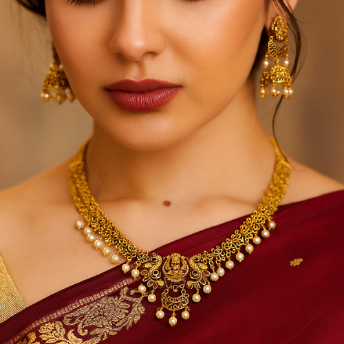 Traditional Lakshmi Coin Necklace Set with Pearl Drops & Green Stone Accents