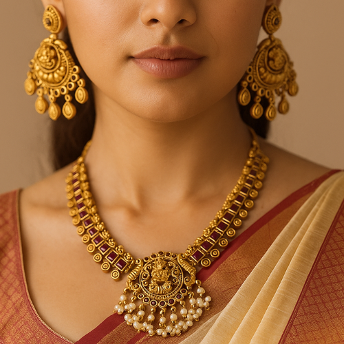 Antique Lakshmi Pendant Necklace Set with Purple Stones & Pearl Drops