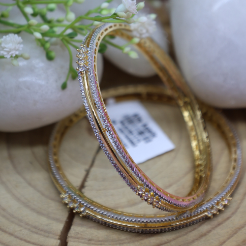 Gold-Finish Linear Cut AD Bangles with Dual Stone Lining