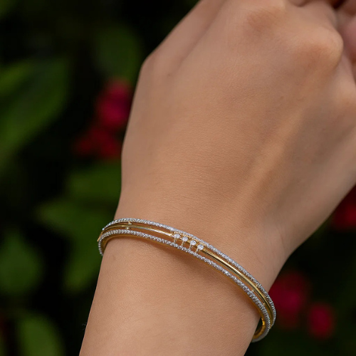Gold-Finish Linear Cut AD Bangles with Dual Stone Lining