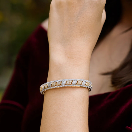 Dual-Tone Geometric AD Bangles with Gold Silver Finish