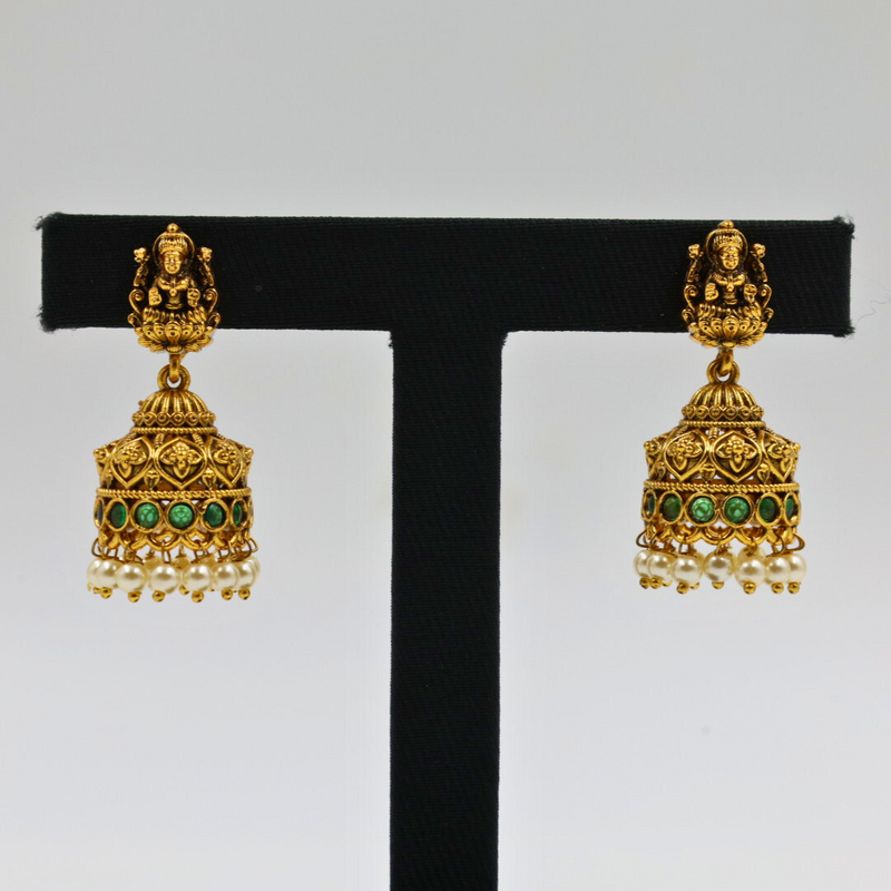 Divine Emerald Lakshmi Jhumkas - Lakshmi jewelry