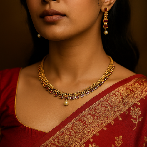Antique Square-Cut Ruby Stone Necklace with Pearl Drop