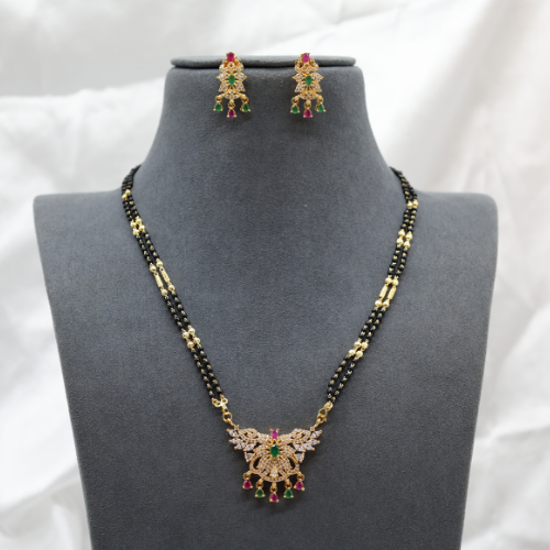 Floral Wings Mangalsutra with Green & Pink Stone Accents