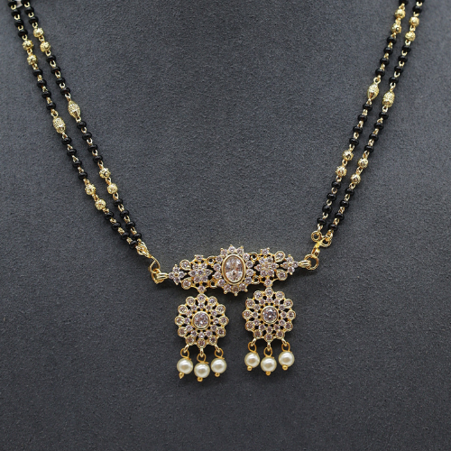 Gold-Plated Mangalsutra Set with Round Floral AD Pendant