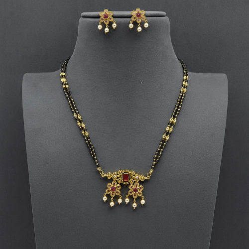 Gold-Toned Floral Mangalsutra Set with Pearls and American Diamonds