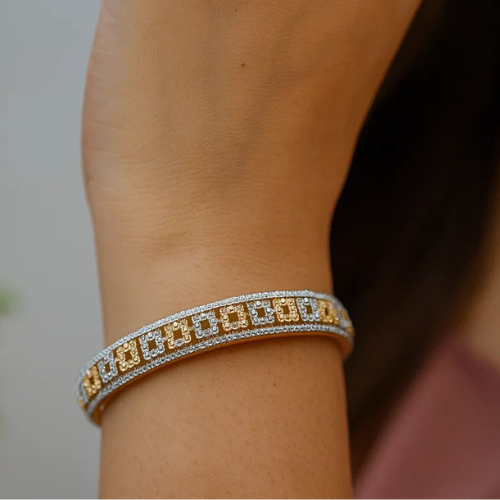 Dual-Tone Square Motif AD Bangles – Gold & Silver Finish