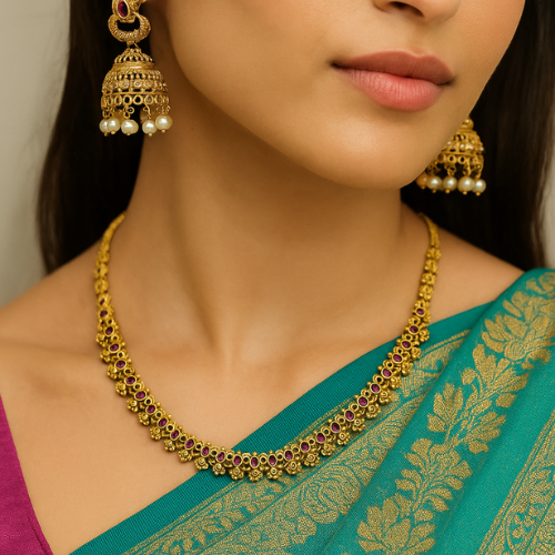 Antique Gold-Plated Ruby Oval Stone Necklace Set with Jhumka Earrings