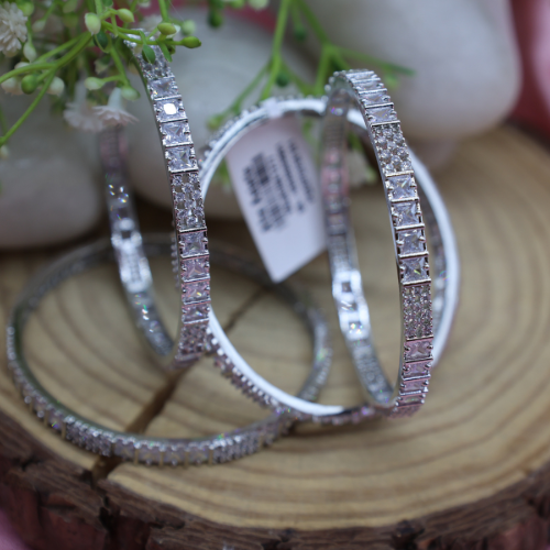 Square-Cut AD Bangles – Elegant Silver Shine