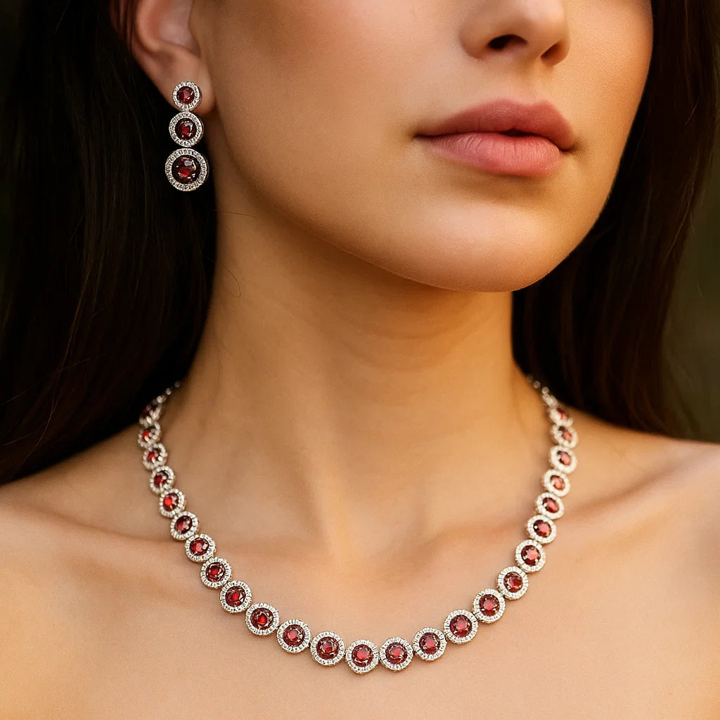 Geometric Drop AD Necklace Set | Silver-Plated American Diamond Jewellery