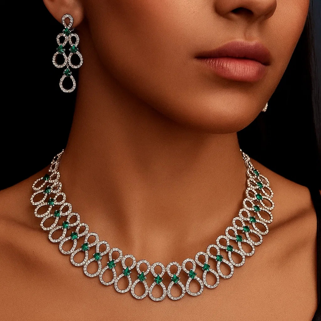 Green Infinity Loop AD Necklace | Silver-Plated Statement Party Jewellery