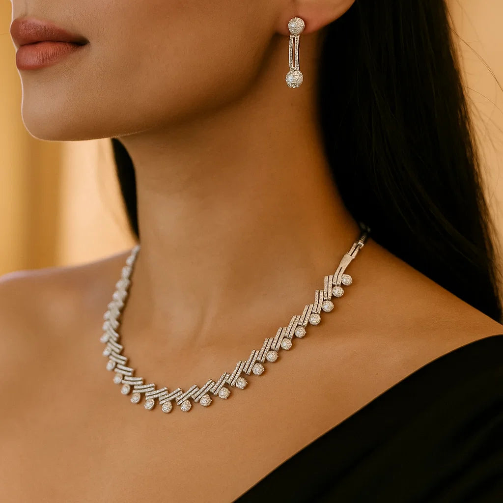 Leaf Motif AD Necklace Set | Silver-Plated Bridal Jewellery with Floral Earrings