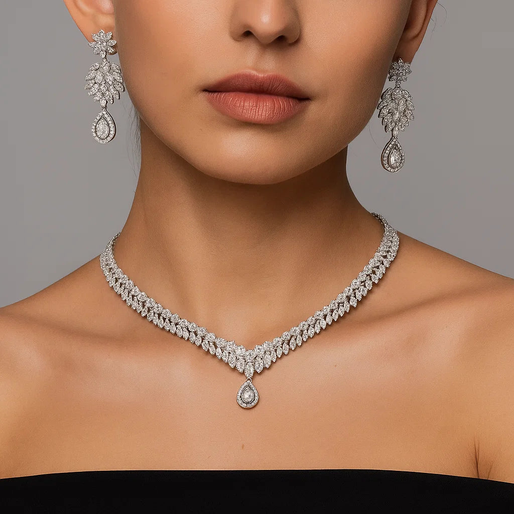Bridal Leaf Layered AD Necklace Set | Silver-Plated Floral Drop Earrings