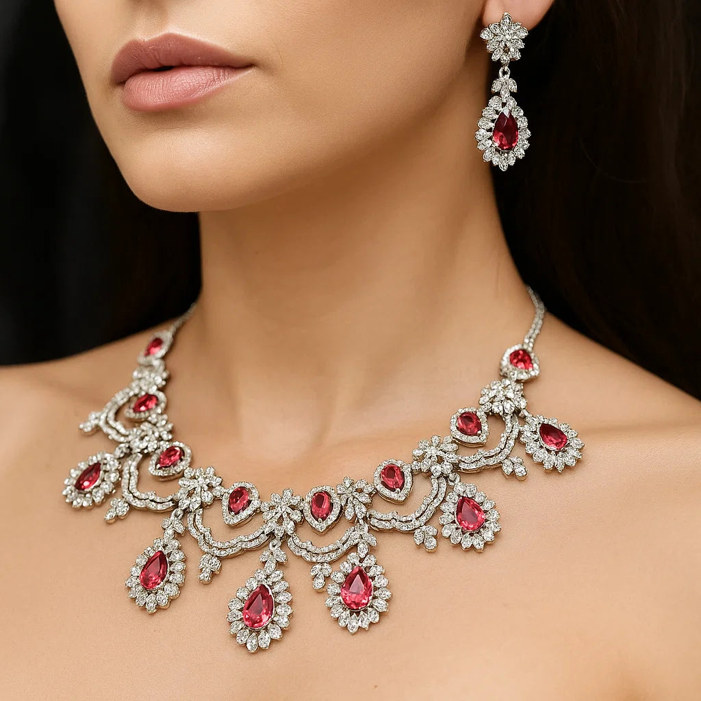 Bridal Red Stone AD Necklace Set | Silver-Plated with Earrings & Mangtikka