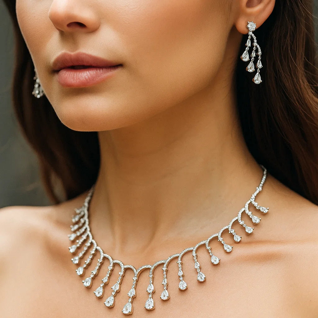 Cascading Teardrop AD Necklace Set | Gold-Tone Party Wear Jewellery