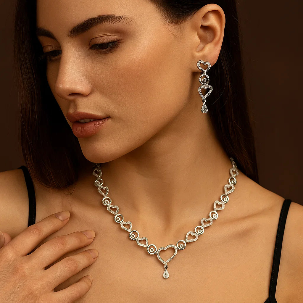 Heart Motif AD Necklace Set | Silver-Plated Romantic Valentine Jewellery