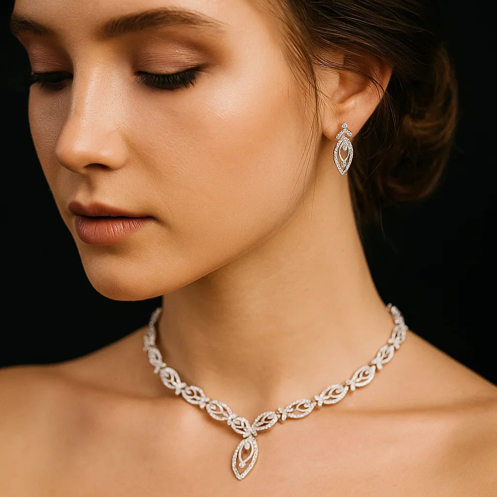 Leaf Motif AD Necklace Set | Silver-Plated Elegant Jewellery for Occasions