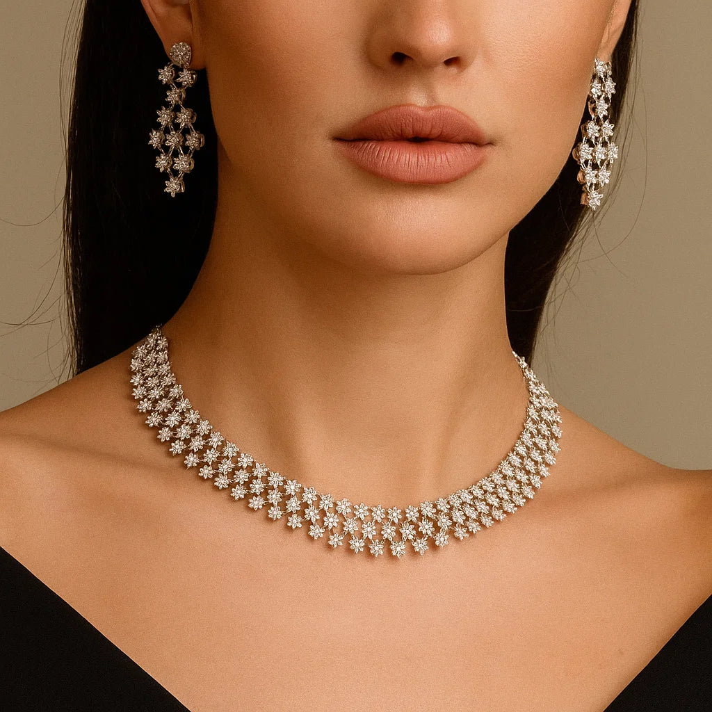 Star Cluster AD Necklace Set | Silver-Plated Sparkling Jewellery for Parties & Functions