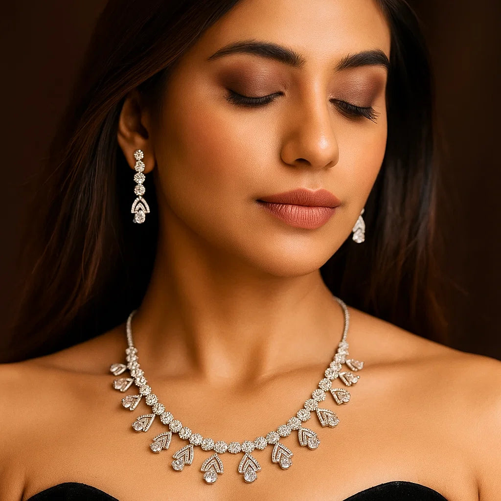 Geometric Bloom AD Necklace | Silver-Plated American Diamond Designer Jewellery