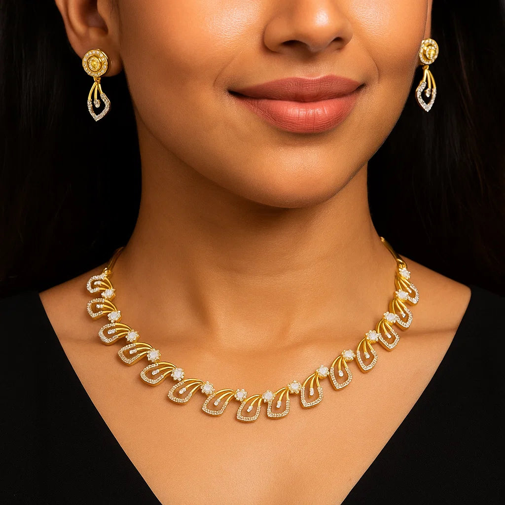 Leaf Design AD Necklace Set | Silver-Plated Contemporary Party Jewellery