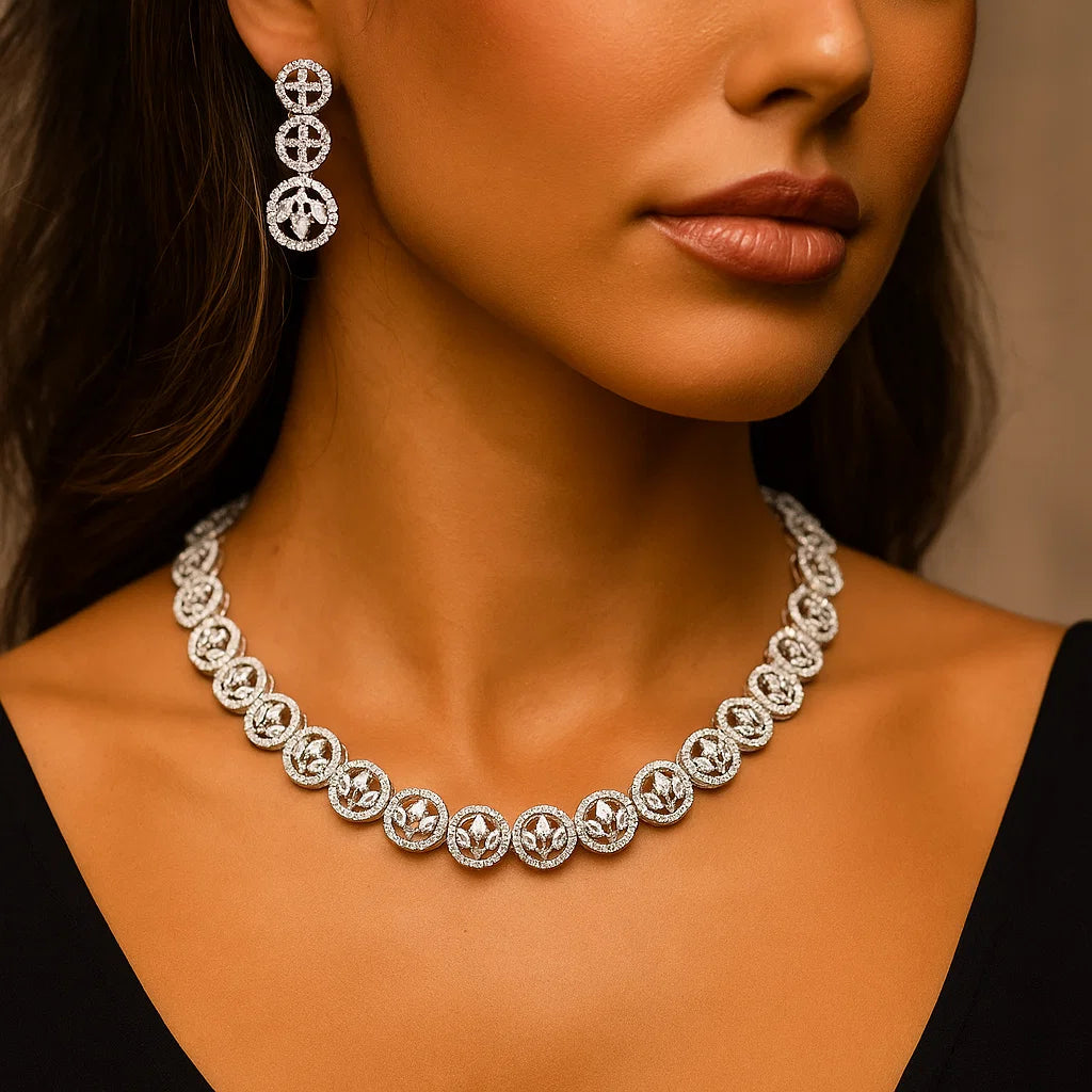 Round Floral AD Necklace Set | Silver-Plated Circular Design Jewellery for Occasions