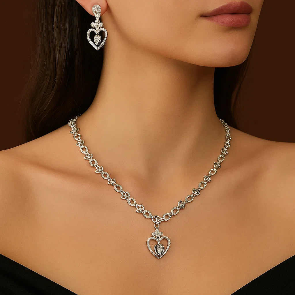 Heart Link AD Necklace Set | Romantic Silver-Plated Jewellery with Earrings