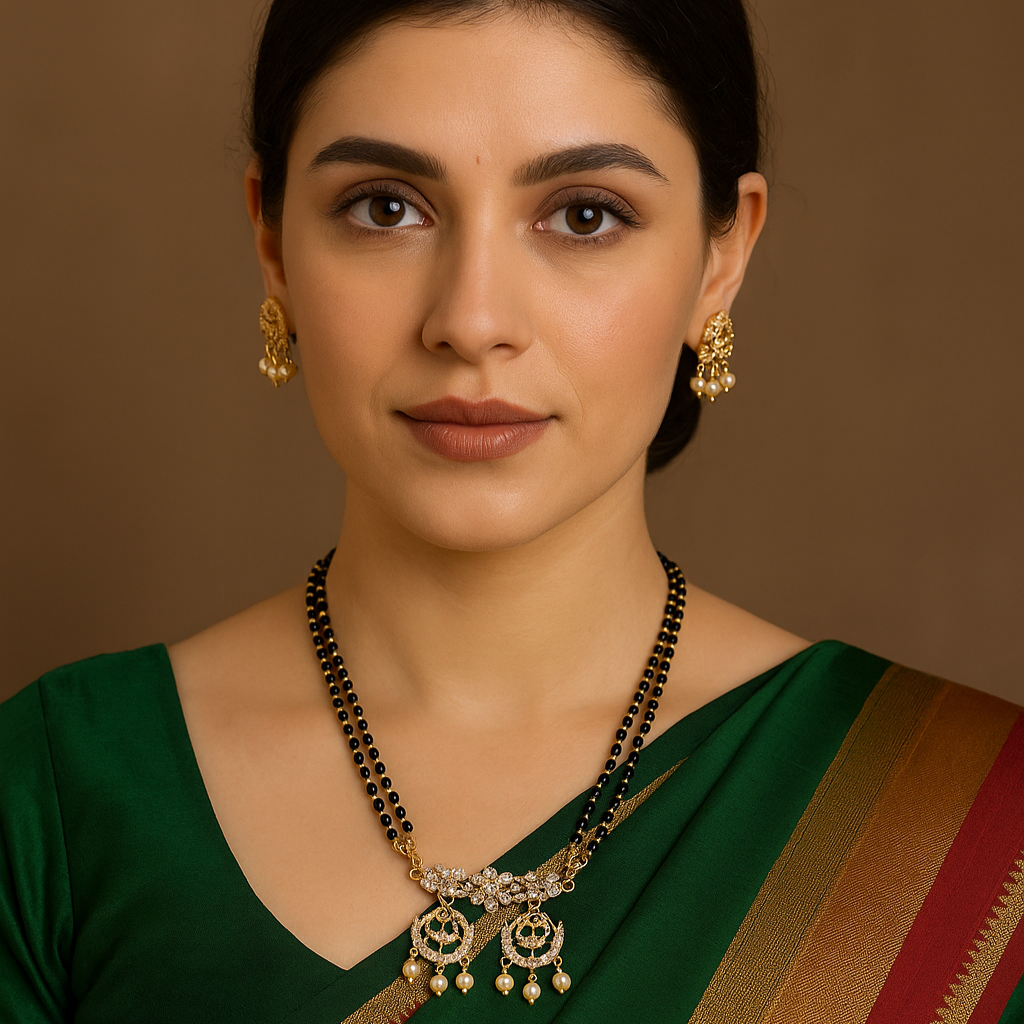 Copper-Brass Mangalsutra Necklace Set with Floral Design & Pearl Drops