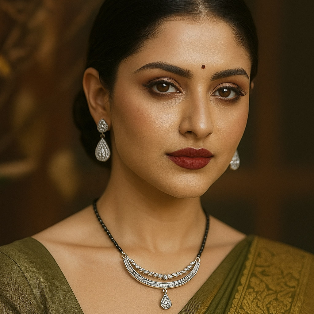 Copper-Brass Mangalsutra Necklace with Elegant CZ Leaf Motif & Teardrop Pendant