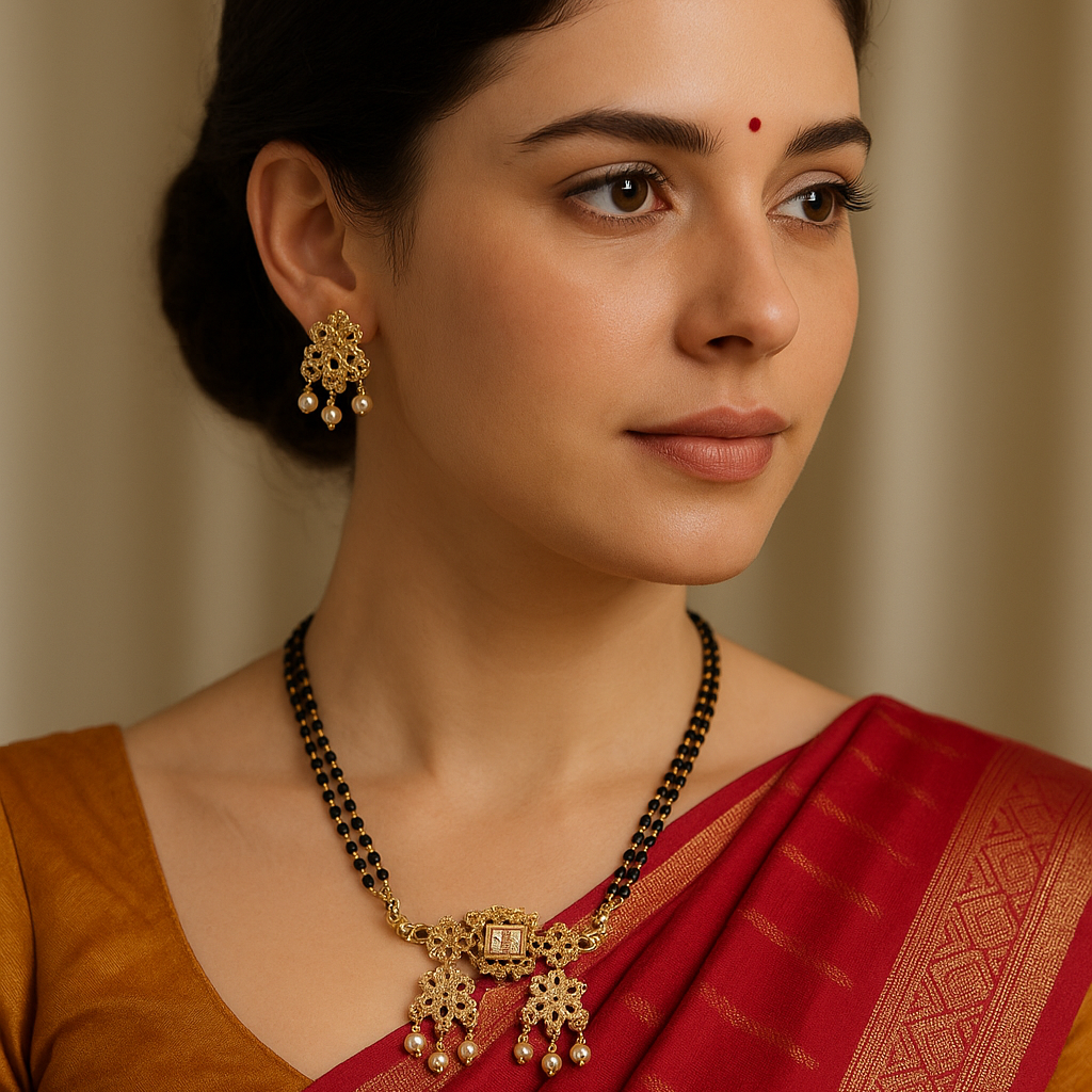 Copper-Brass Mangalsutra Necklace Set with Floral Motif & Pearl Drops