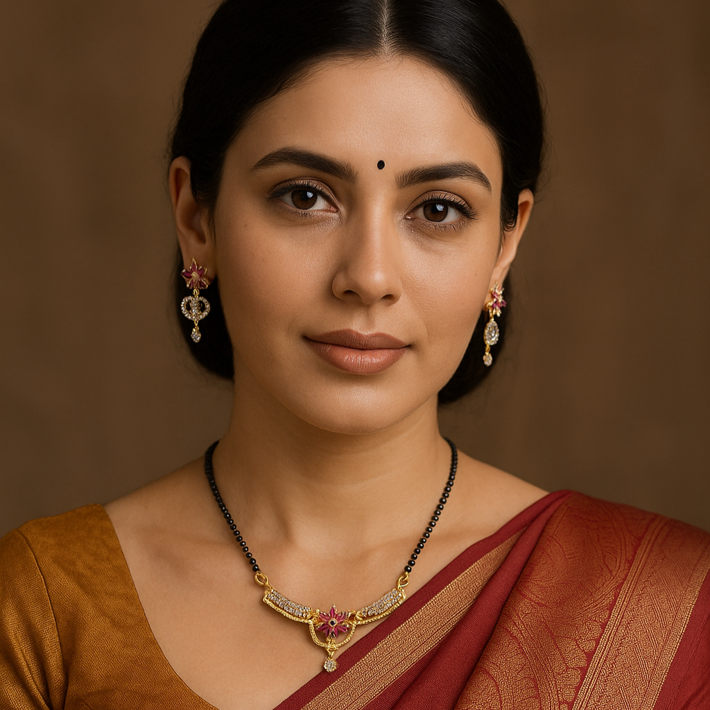 Copper-Brass Mangalsutra Necklace Set with Pink Floral Design &amp; CZ Accents