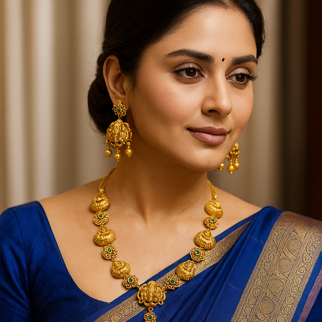 Embrace divine elegance with this antique gold-plated temple-style necklace set.