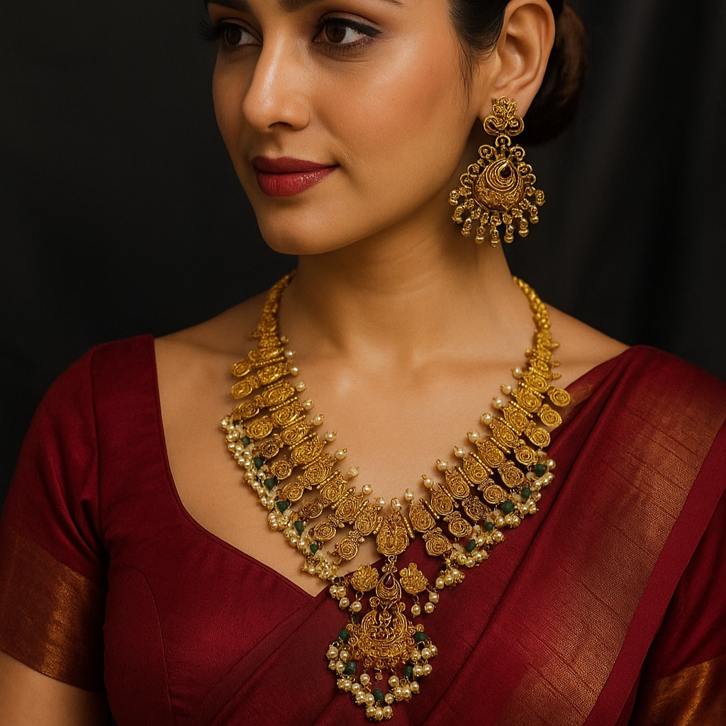 Temple Coin Necklace Set with Lakshmi Motifs in Copper-Brass