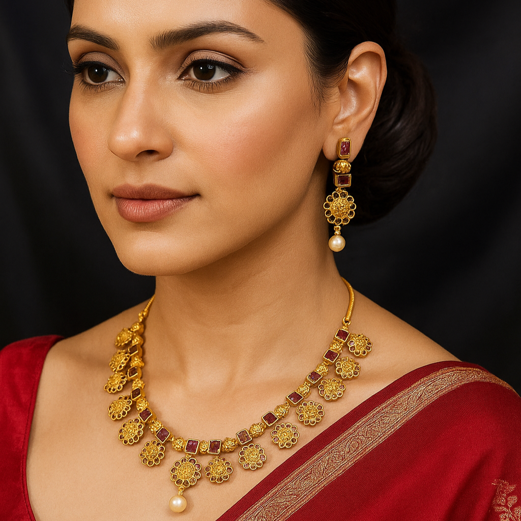 Floral Charm Copper-Brass Necklace Set with Pearl Drop