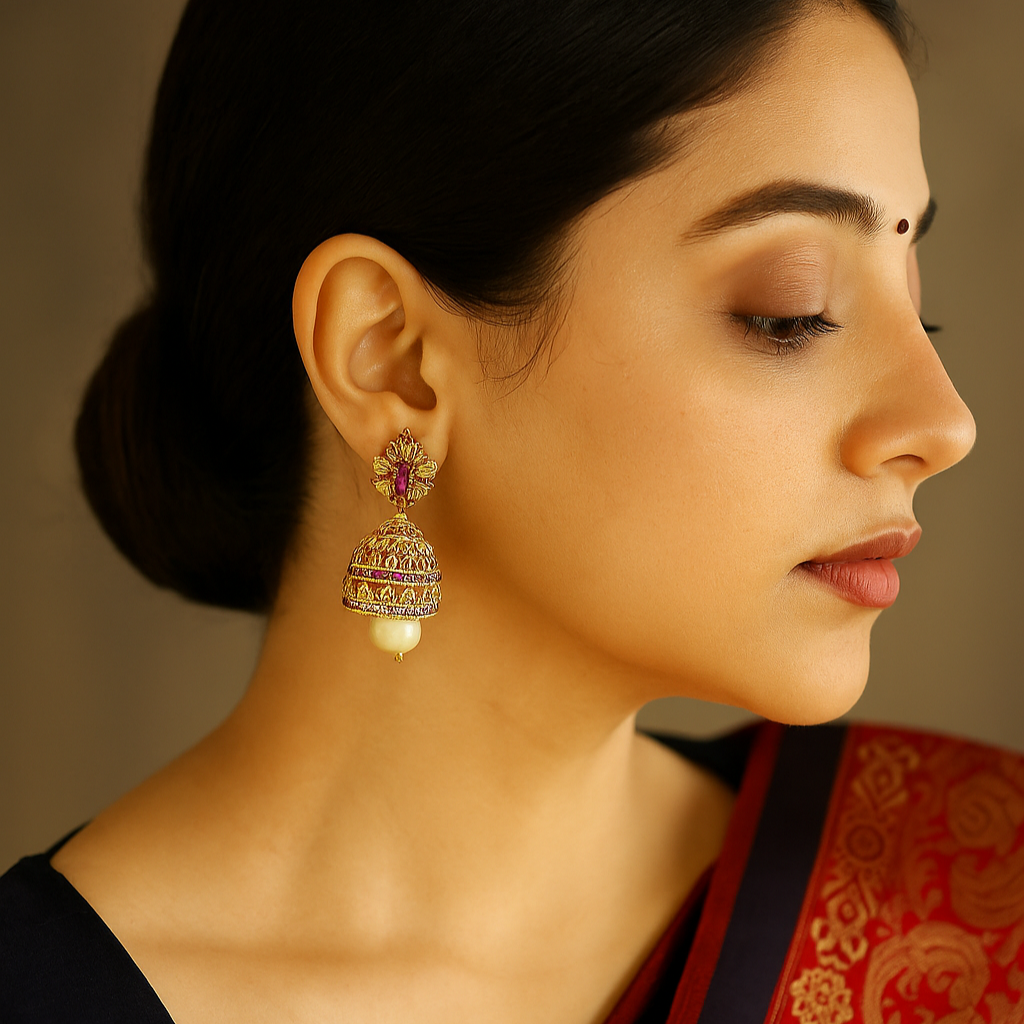 Royal Dome Jhumka Earrings with Ruby Accent &amp; Pearl Drop in Copper-Brass