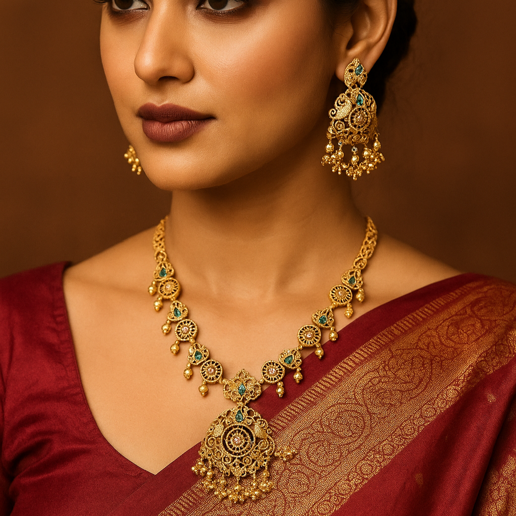 Antique Copper-Brass Temple Necklace Set with Emerald Green Accents &amp; Jhumkas