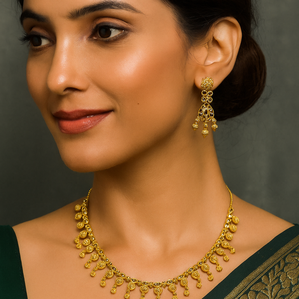 Antique Gold-Plated Beaded Temple Necklace Set with Drop Earrings