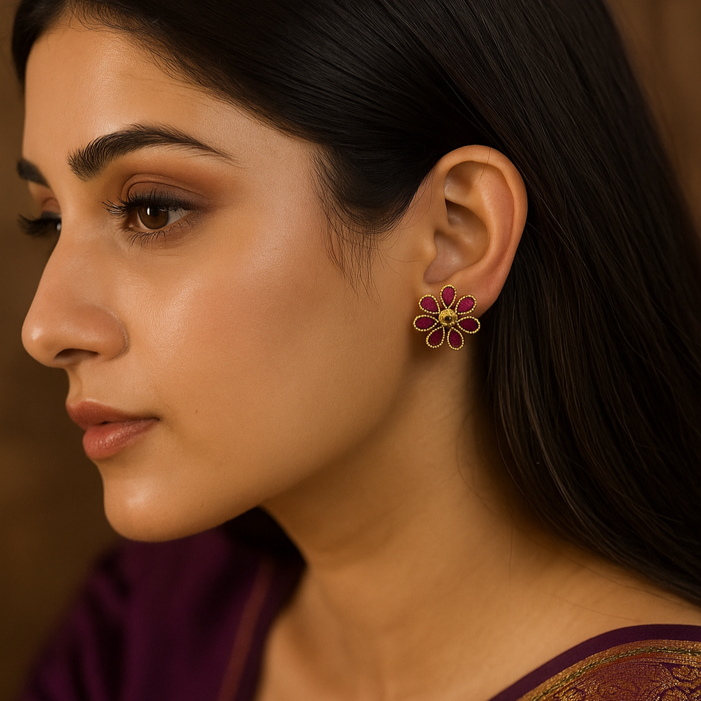 Floral Ruby Stud Earrings in Copper-Brass