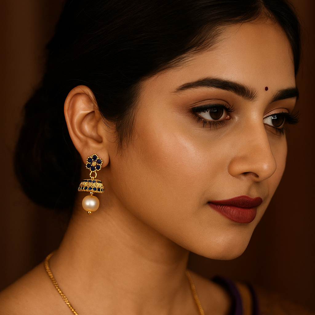 Regal Lattice Jhumka Earrings with Pearl Drop in Copper-Brass